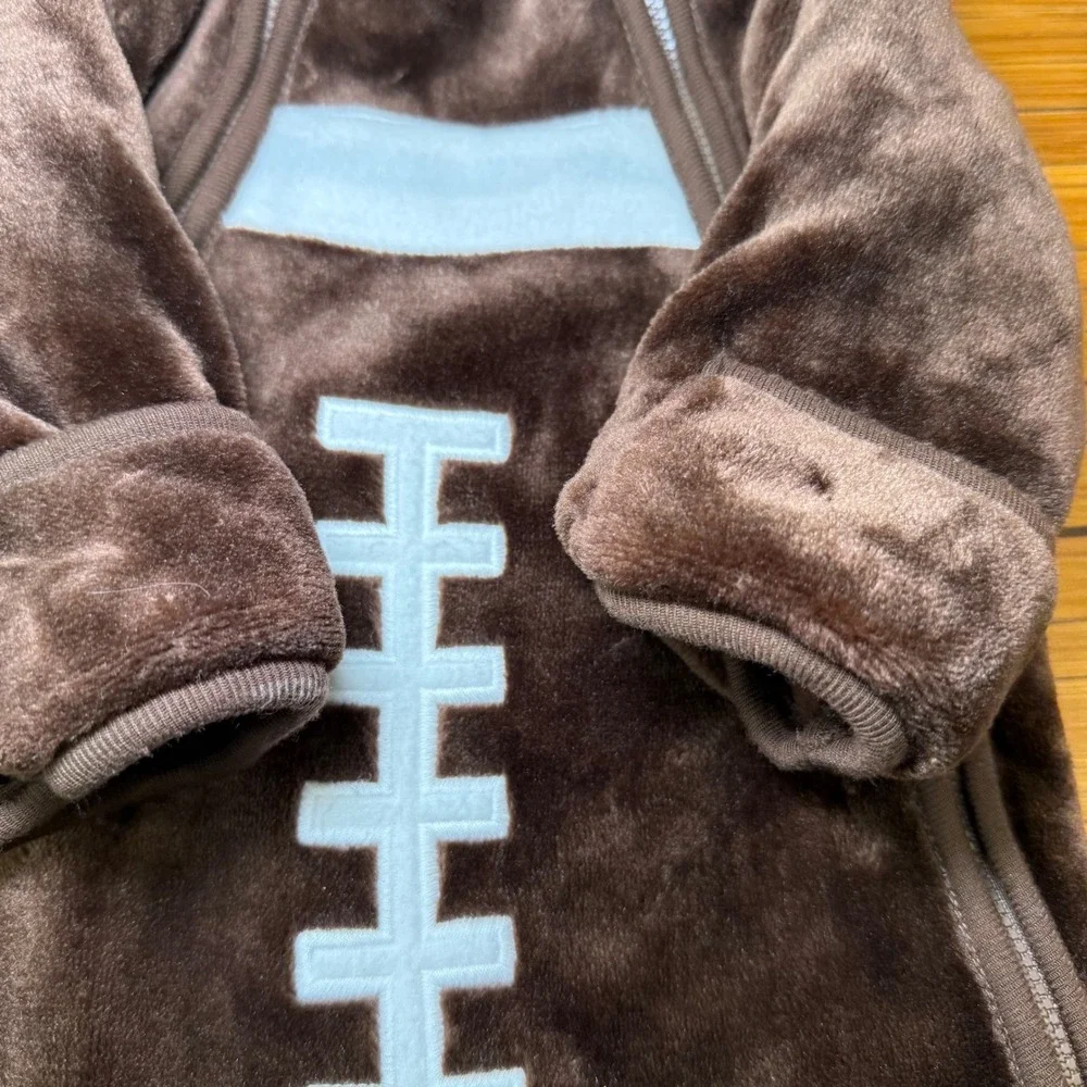 Baby‎ Football Fleece Hooded Bunting Snowsuit Brown Blue Cozy Plush 3-6 Months